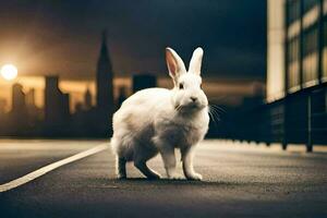 a white rabbit is standing on the street in front of a city skyline. AI-Generated photo