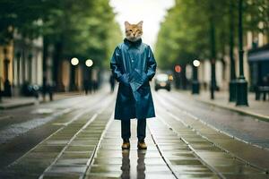a fox wearing a raincoat stands on a wet street. AI-Generated photo