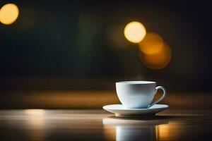 a cup of coffee on a table in front of a blurred background. AI-Generated photo