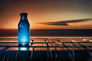 un botella de agua sentado en un mesa con un puesta de sol en el antecedentes. generado por ai foto