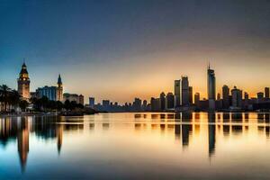 el horizonte de dubai a puesta de sol. generado por ai foto