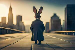 a man in a suit and rabbit ears standing on a bridge. AI-Generated photo