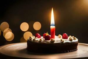 a birthday cake with a single candle. AI-Generated photo