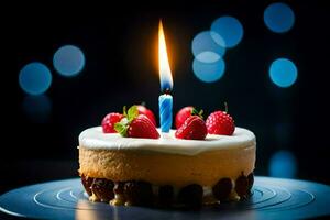 a birthday cake with a single candle on top. AI-Generated photo