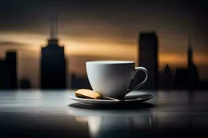 coffee cup and saucer on table with city in background. AI-Generated photo