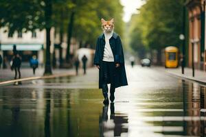 un mujer vistiendo un zorro cabeza en pie en el lluvia. generado por ai foto