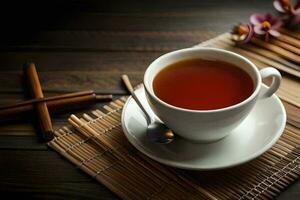 a cup of tea on a wooden table. AI-Generated photo