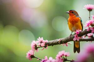 a bird sits on a branch with pink flowers. AI-Generated photo