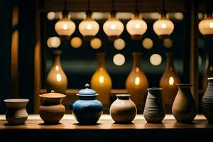 a row of vases on a shelf in a shop. AI-Generated photo