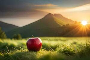 a red apple sits in the middle of a field with mountains in the background. AI-Generated photo