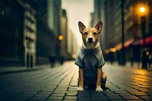 a dog wearing a sweater sits on the street. AI-Generated photo