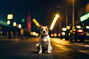 a dog sitting on the street at night. AI-Generated photo