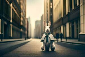 a rabbit wearing a suit and tie sits on the street. AI-Generated photo