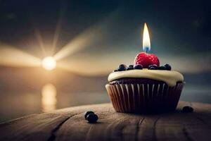 a cupcake with a candle on top of a wooden table. AI-Generated photo