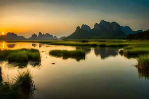 the sun rises over the mountains and the water. AI-Generated photo