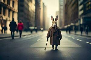 un Conejo vistiendo un Saco y sombrero caminando abajo un calle. generado por ai foto