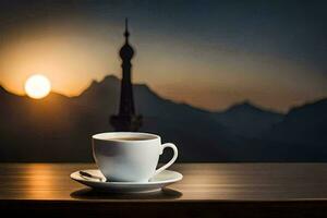 a cup of coffee on a table in front of a mountain. AI-Generated photo