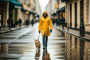 a woman in a yellow raincoat walking her dog in the rain. AI-Generated photo