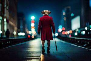 a woman in a red coat walks down a street at night. AI-Generated photo