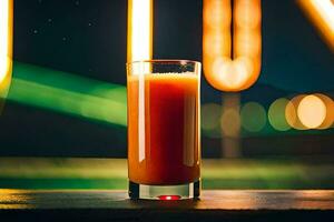 un vaso de naranja jugo sentado en un mesa en frente de neón luces. generado por ai foto