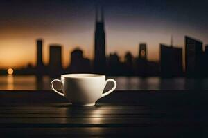 a cup of coffee on a table in front of a city skyline. AI-Generated photo