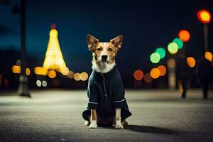 a dog in a coat sitting on the street at night. AI-Generated photo
