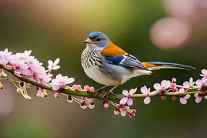 un azul y naranja pájaro se sienta en un rama con rosado flores generado por ai foto