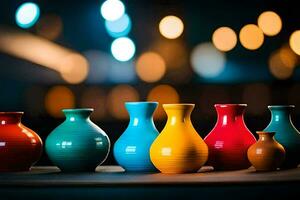 colorful vases on a table. AI-Generated photo