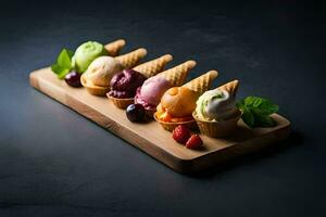 a wooden tray with ice cream cones and berries. AI-Generated photo