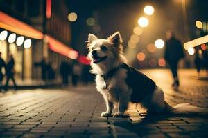 un perro sentado en el acera a noche. generado por ai foto