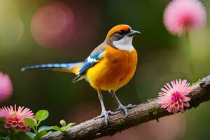 un vistoso pájaro se sienta en un rama con rosado flores generado por ai foto