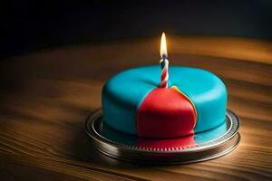 a blue and red birthday cake with a lit candle. AI-Generated photo