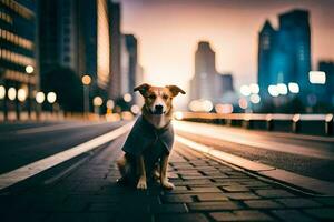 a dog sitting on the street in the city. AI-Generated photo