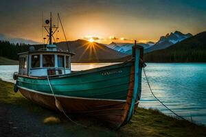 un barco se sienta en el apuntalar de un lago a puesta de sol. generado por ai foto