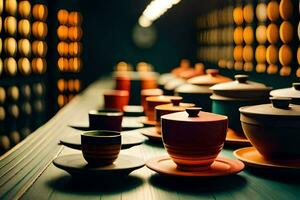 many colorful tea cups and bowls sit on a table. AI-Generated photo