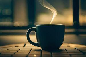 a cup of coffee on a laptop keyboard. AI-Generated photo