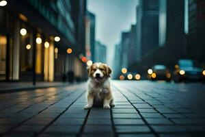 a dog sitting on the street in the city. AI-Generated photo