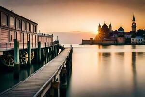 a pier with a church and a boat in the background. AI-Generated photo