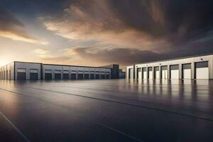 a large warehouse with a sky background. AI-Generated photo