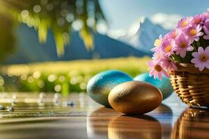 Pascua de Resurrección flores y huevos en un cesta. generado por ai foto