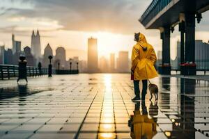 a man in a yellow raincoat and dog on a wet sidewalk. AI-Generated photo