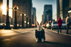 a rabbit in a suit is sitting on the street. AI-Generated photo