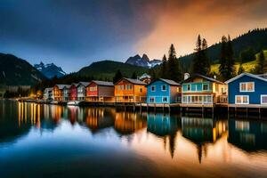 colorful houses on the water at sunset. AI-Generated photo