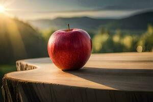 un manzana se sienta en parte superior de un de madera mesa. generado por ai foto