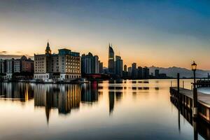 the city skyline is reflected in the water at sunset. AI-Generated photo