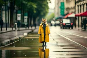 a fox in a yellow coat standing on a wet street. AI-Generated photo