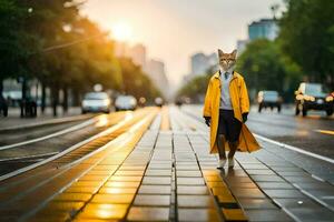 un zorro en un amarillo Saco caminando abajo un calle. generado por ai foto