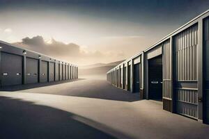 a row of storage units with a sky in the background. AI-Generated photo