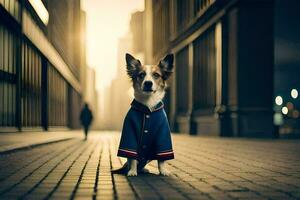 un perro vistiendo un chaqueta en pie en un calle. generado por ai foto