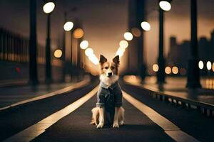 a dog sitting on the road at night with lights in the background. AI-Generated photo